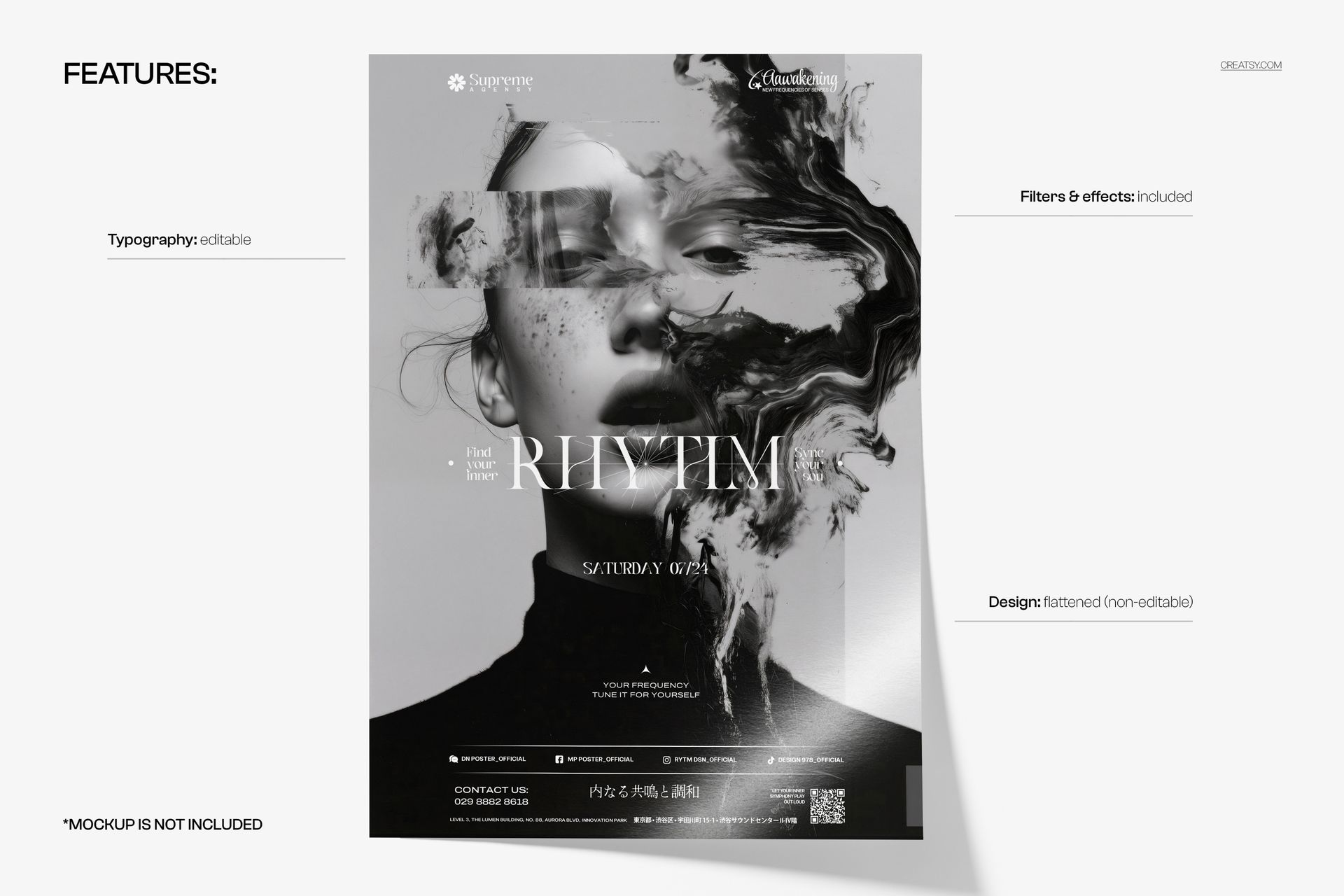 Abstract inner rhythm poster mockup featuring a monochrome face merged with artistic smoke-like shapes and modern typography.