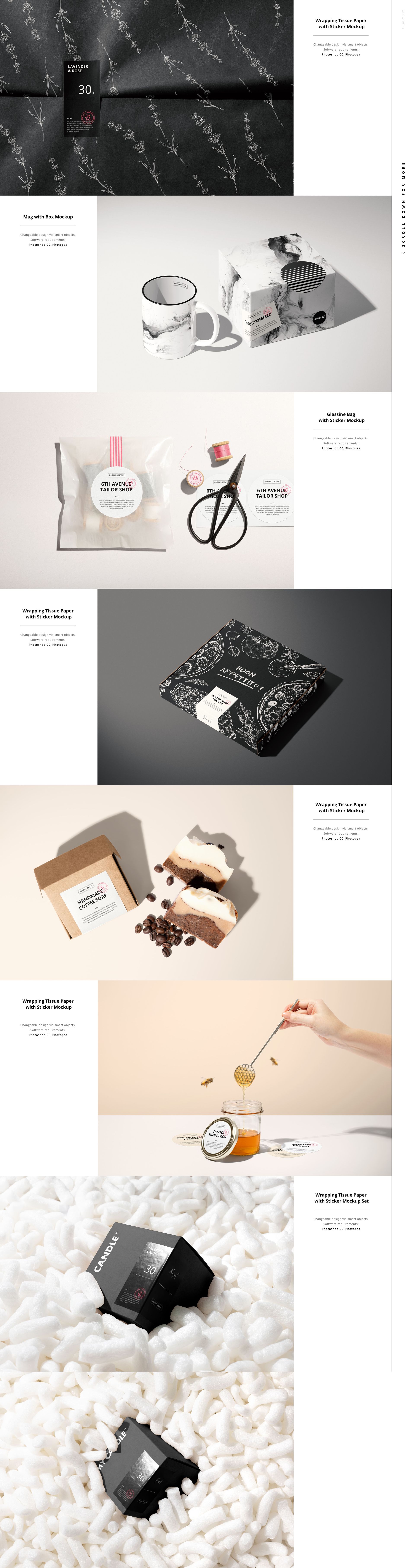 Sticker mockup bundle featuring various packaging items like boxes, jars, and mugs with editable sticker designs.