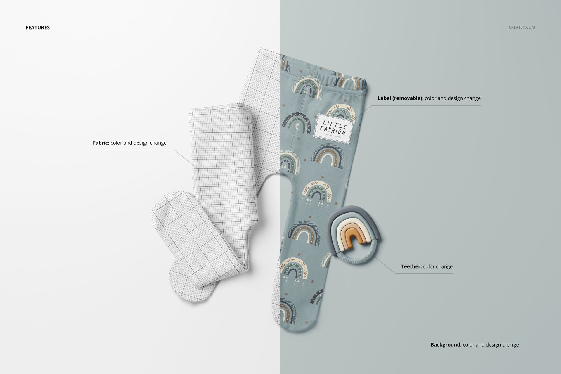 Footed baby leggings mockup set showing two leggings, one with a grid pattern and one with a rainbow design, front view.