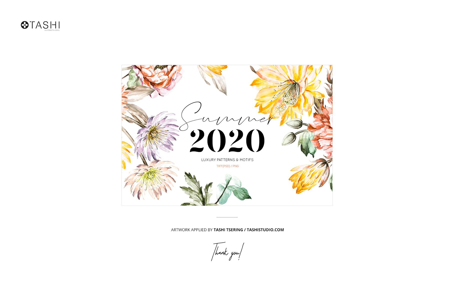 PSD mockup of a horizontal card displaying colorful botanical artwork and prominent 'Summer 2020' lettering on white.