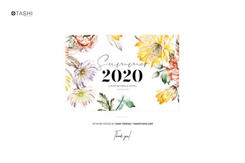 PSD mockup of a horizontal card displaying colorful botanical artwork and prominent 'Summer 2020' lettering on white.