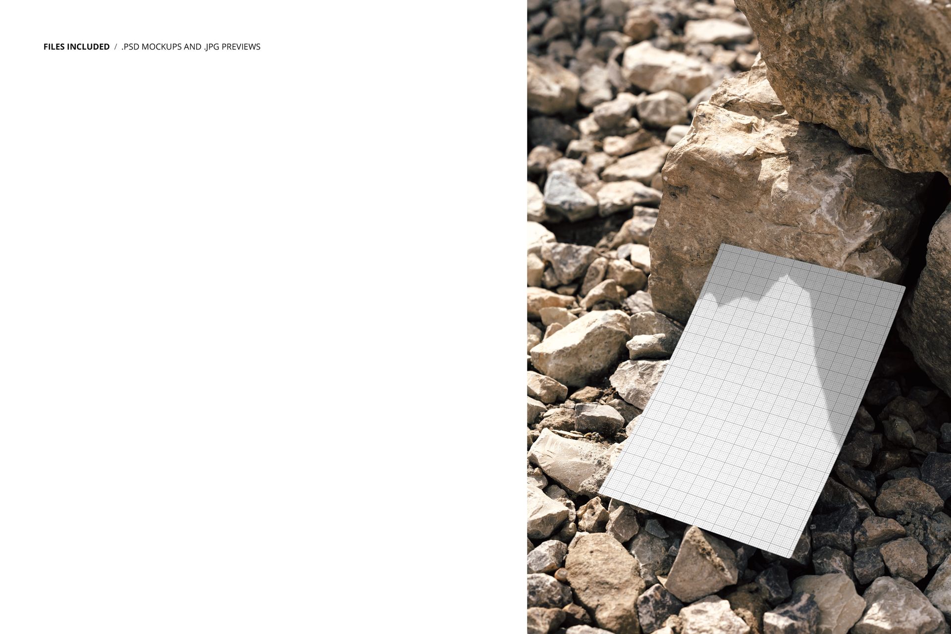 Poster mockup lying on a surface of small rocks, with larger stones nearby and sunlight casting shadows.
