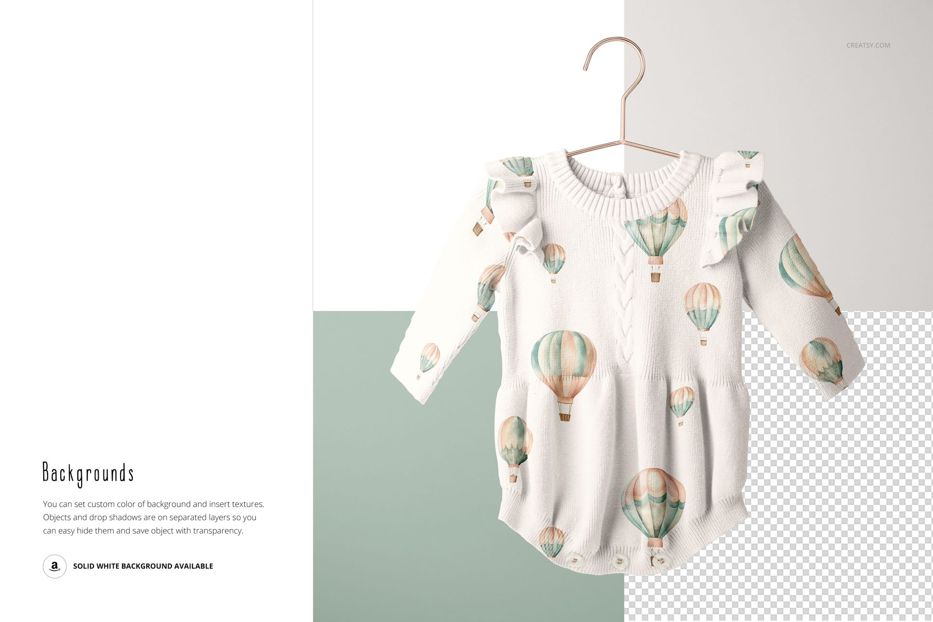 Knitted baby romper mockup featuring pastel hot air balloons, displayed on a hanger with a customizable background.