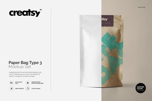 Front view of a paper bag mockup with a split design, featuring white and brown sections and teal text graphics.