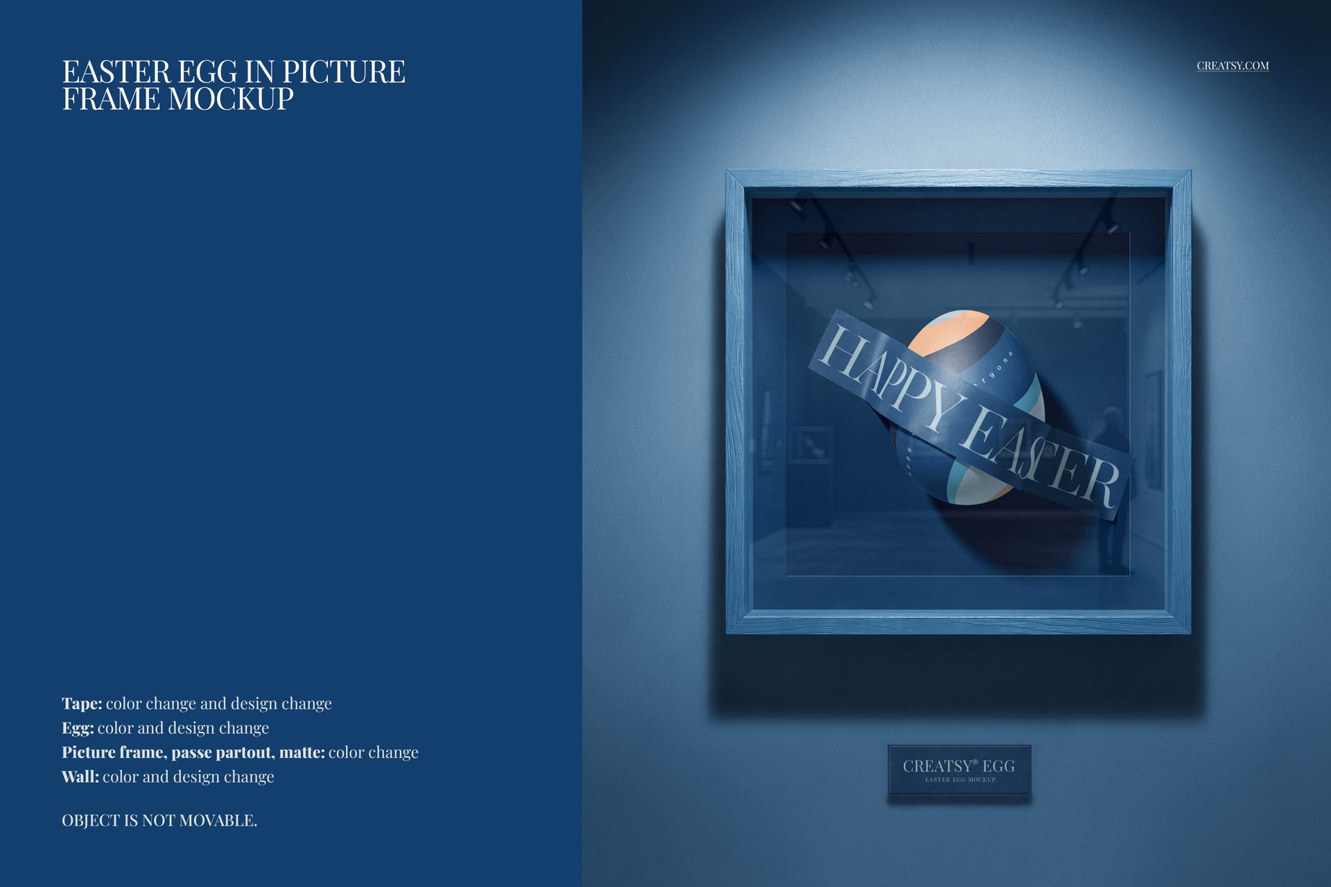 PSD mockup showing a framed Easter egg with a festive banner, blue tones dominate the scene and background.
