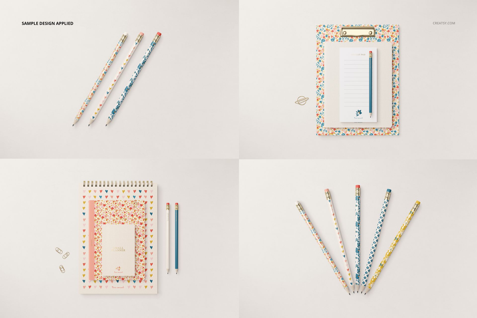 Stationery set mockup featuring patterned pencils, notepads, and clipboard arranged on a light background, top view.