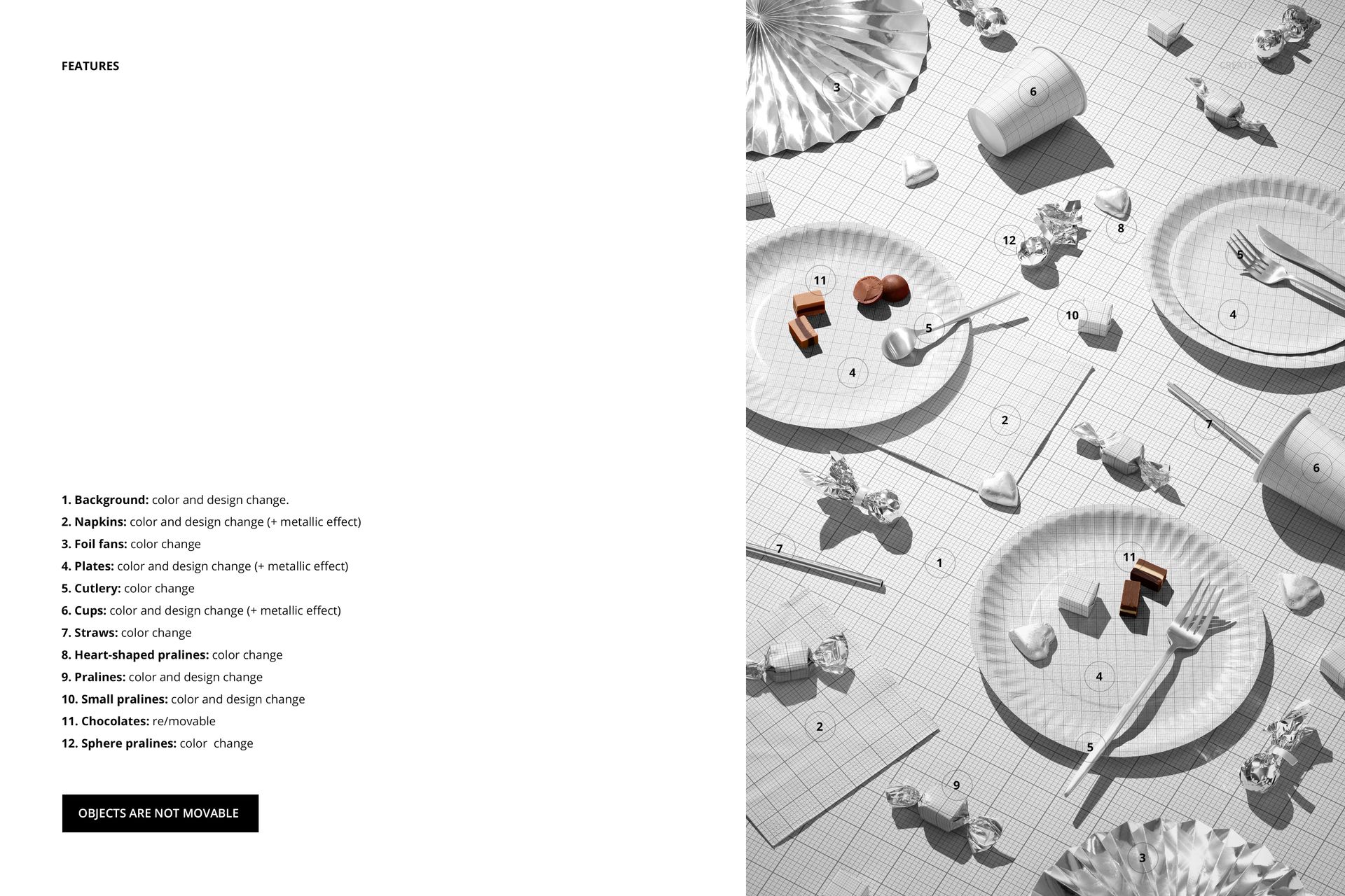 Carnival-themed disposable tableware mockup featuring paper plates, cups, and cutlery in a top-down layout.