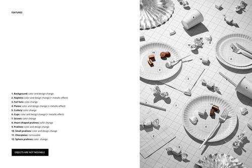 Carnival-themed disposable tableware mockup featuring paper plates, cups, and cutlery in a top-down layout.