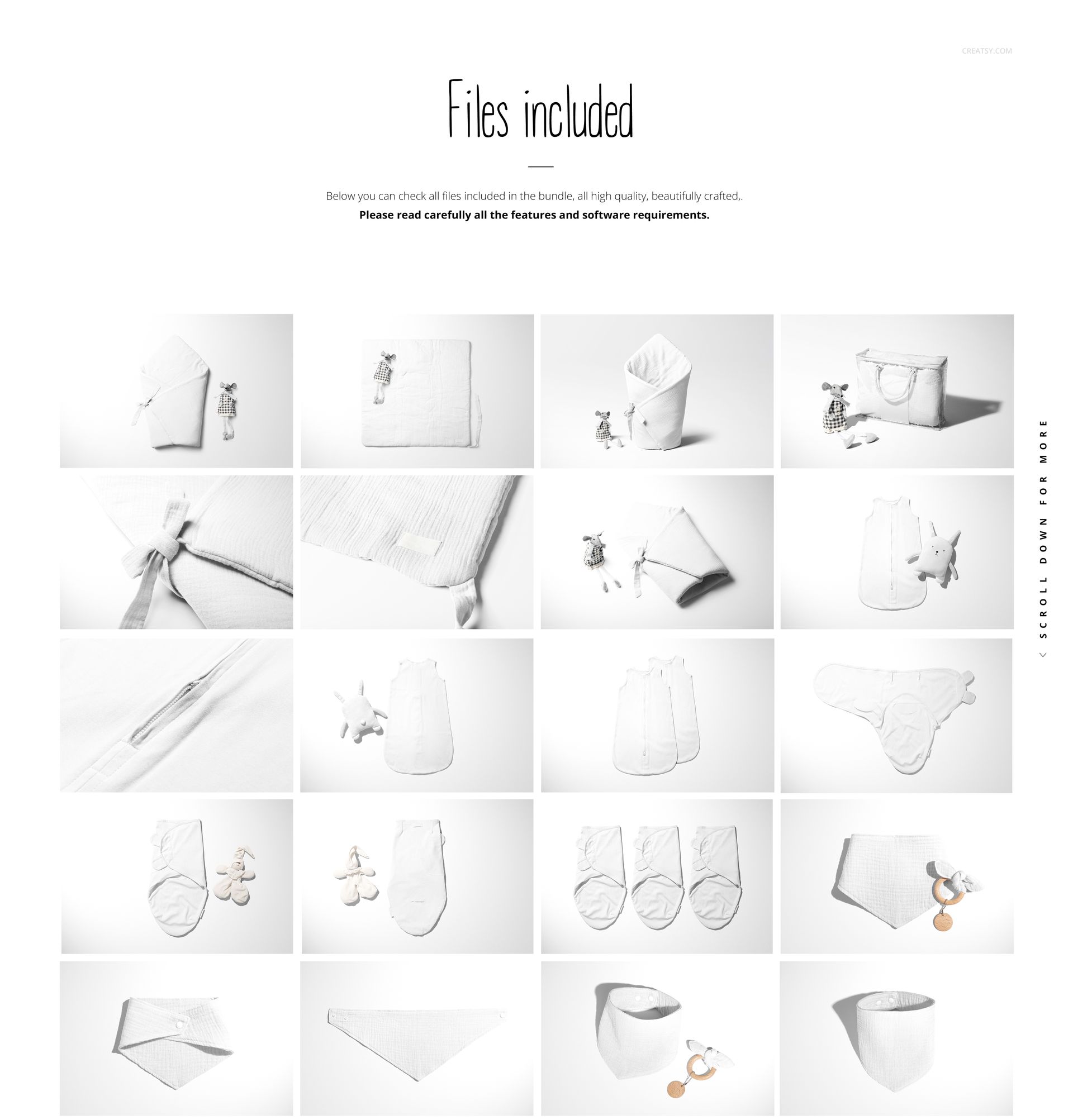 Collection of kids and babies clothing and accessories mockups arranged in a grid on a white background, front view.