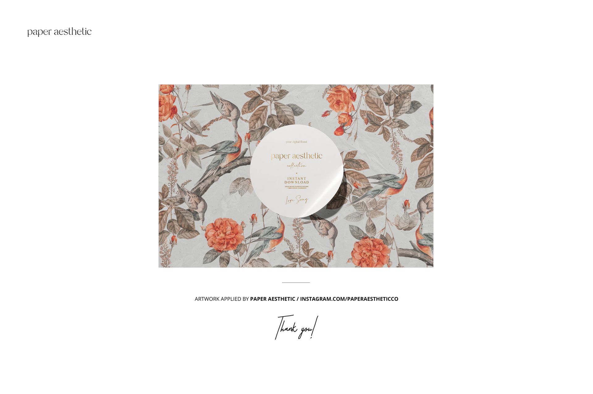Creased fabrics mockup displaying a detailed botanical and bird design with orange flowers and muted leaves.