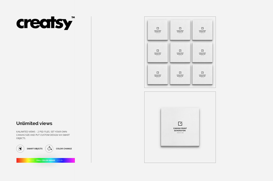 Front view of a canvas print mockup set with multiple square canvases arranged in a grid on a white background.