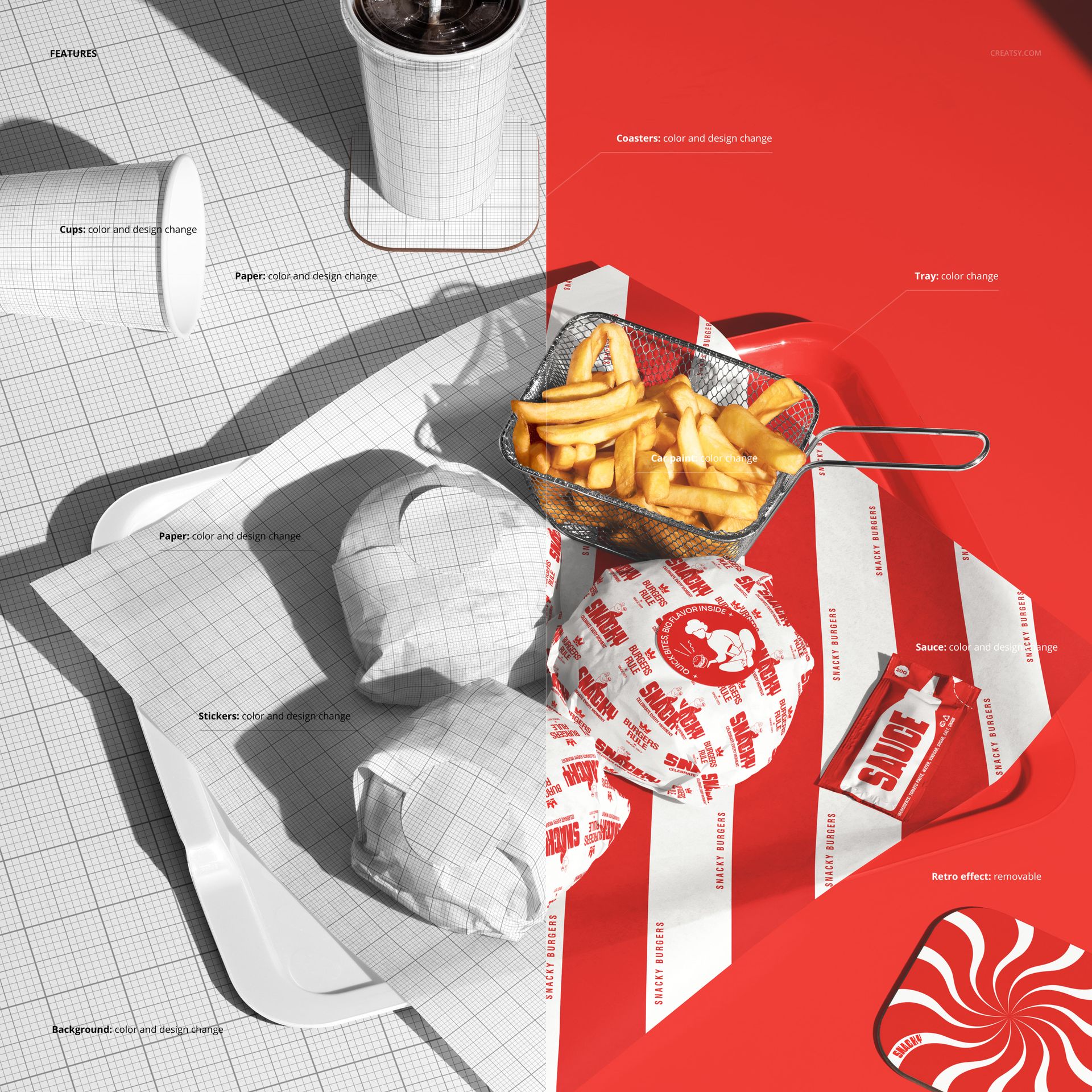 Wrapped Burgers & Fries on a Tray Mockup - mockup screenshot 3