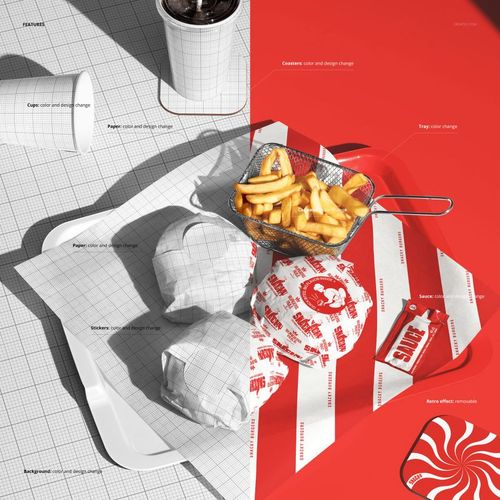Top view of wrapped burgers and fries on a red tray, with grid-patterned packaging mockup and soda cup nearby.