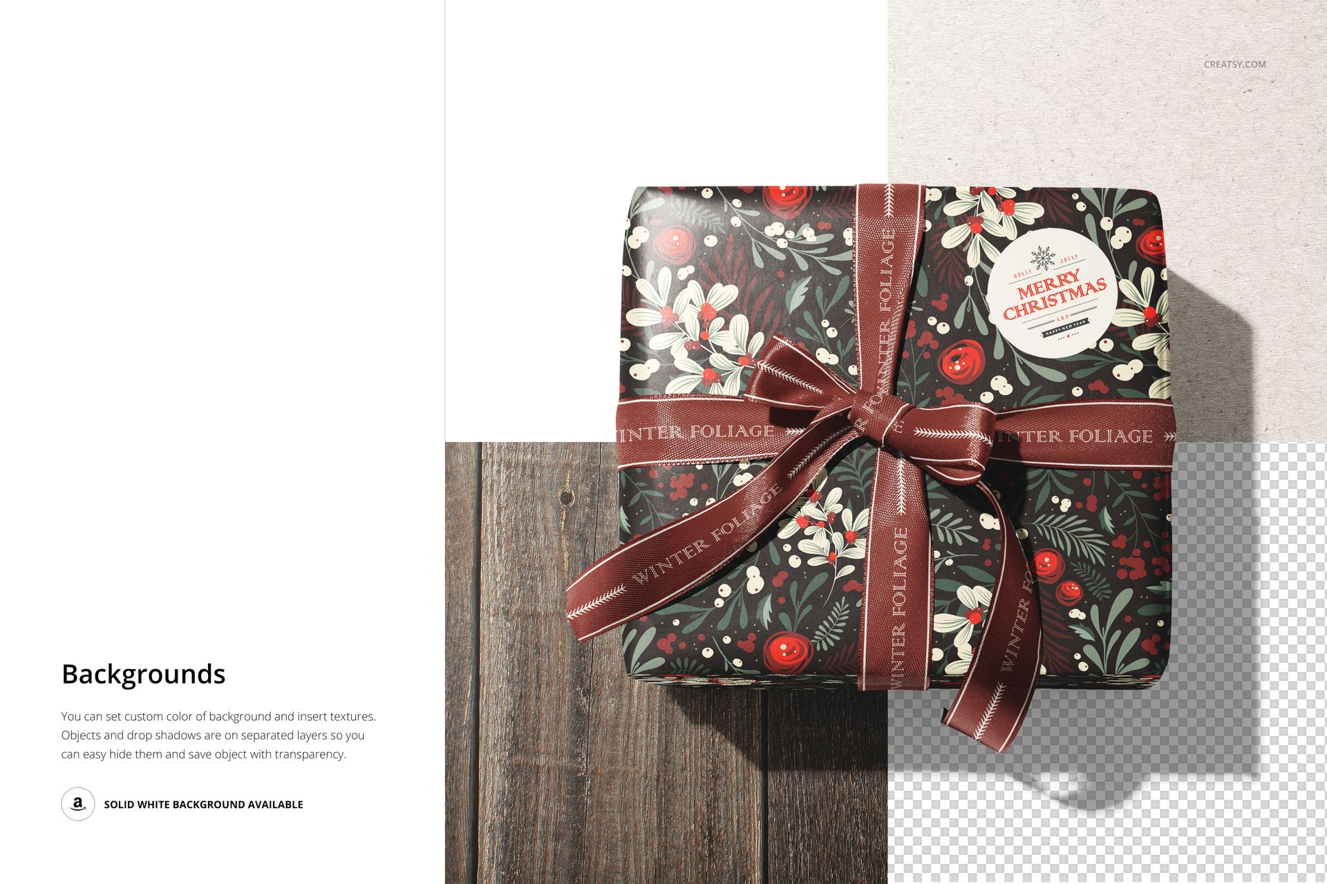 Wrapping paper mockup featuring a square package with botanical design, brown ribbon, and Christmas tag on wood.