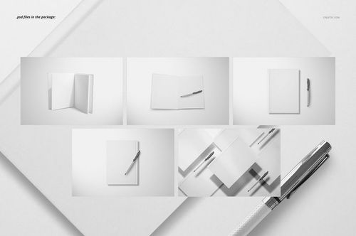 Notebook mockup set displaying various white notebooks and a pen from multiple angles on a light background.