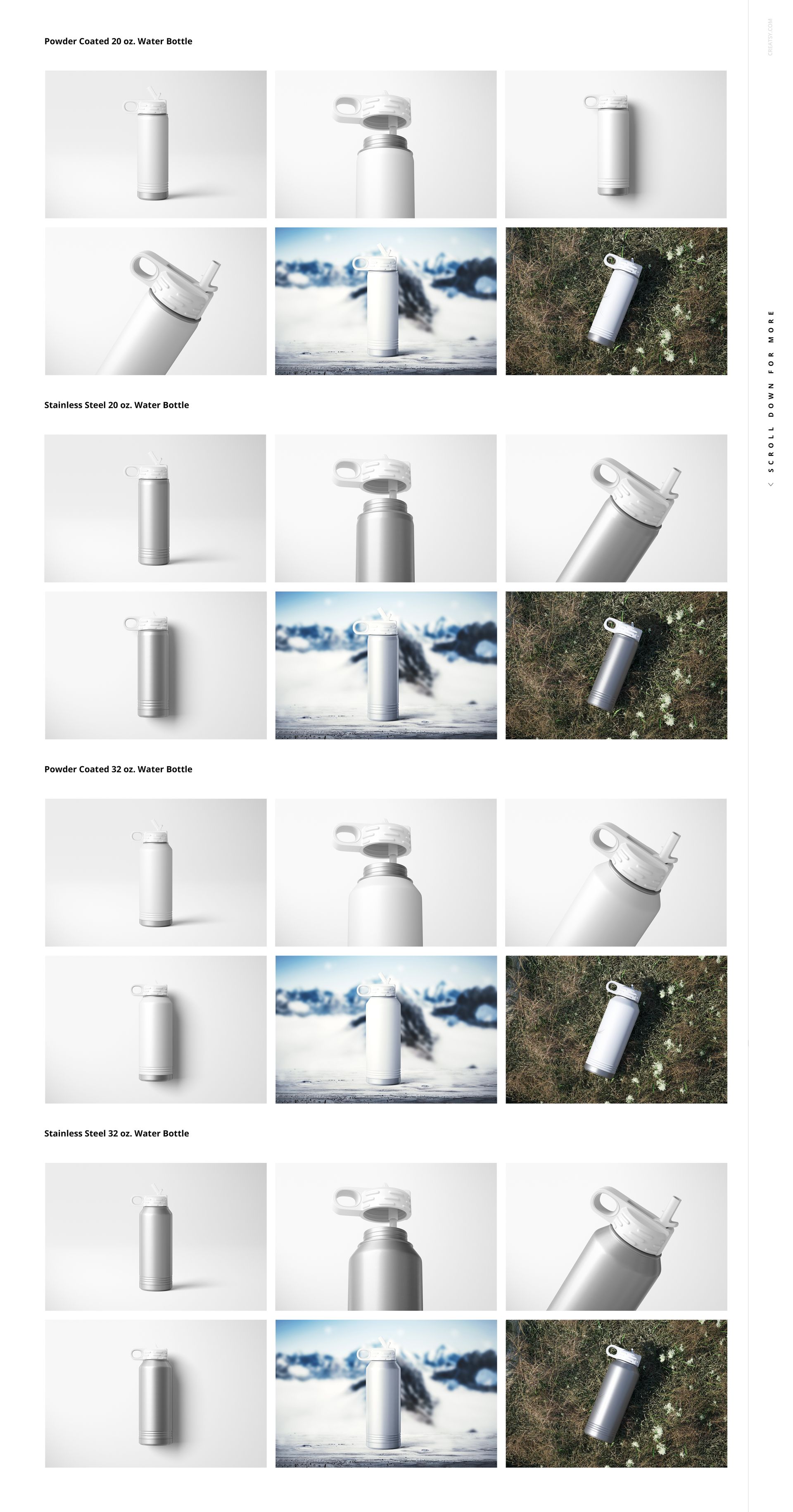 Water bottle mockup bundle displaying cylindrical bottles with matte and glossy finishes in studio and nature scenes.