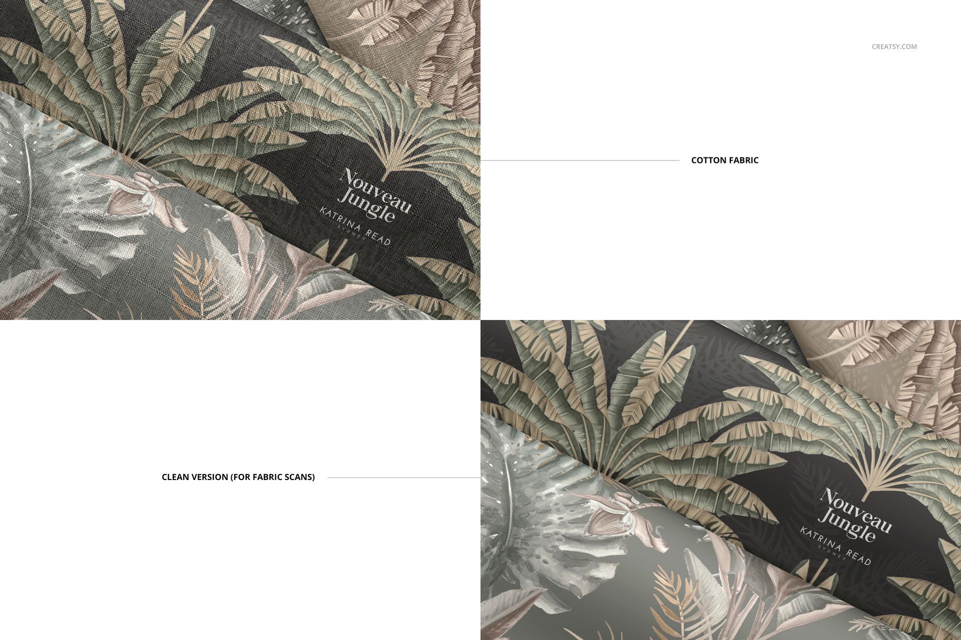 Folded fabrics mockup showing two fabric pieces with botanical patterns in earthy tones, viewed from above.