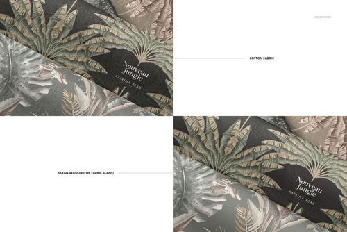 Folded fabrics mockup showing two fabric pieces with botanical patterns in earthy tones, viewed from above.