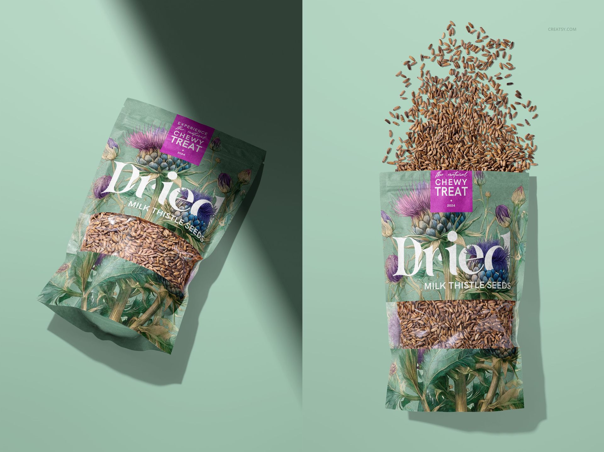 PSD mockup featuring milk thistle seed packaging, with one pouch sealed and another spilling seeds on a flat surface.