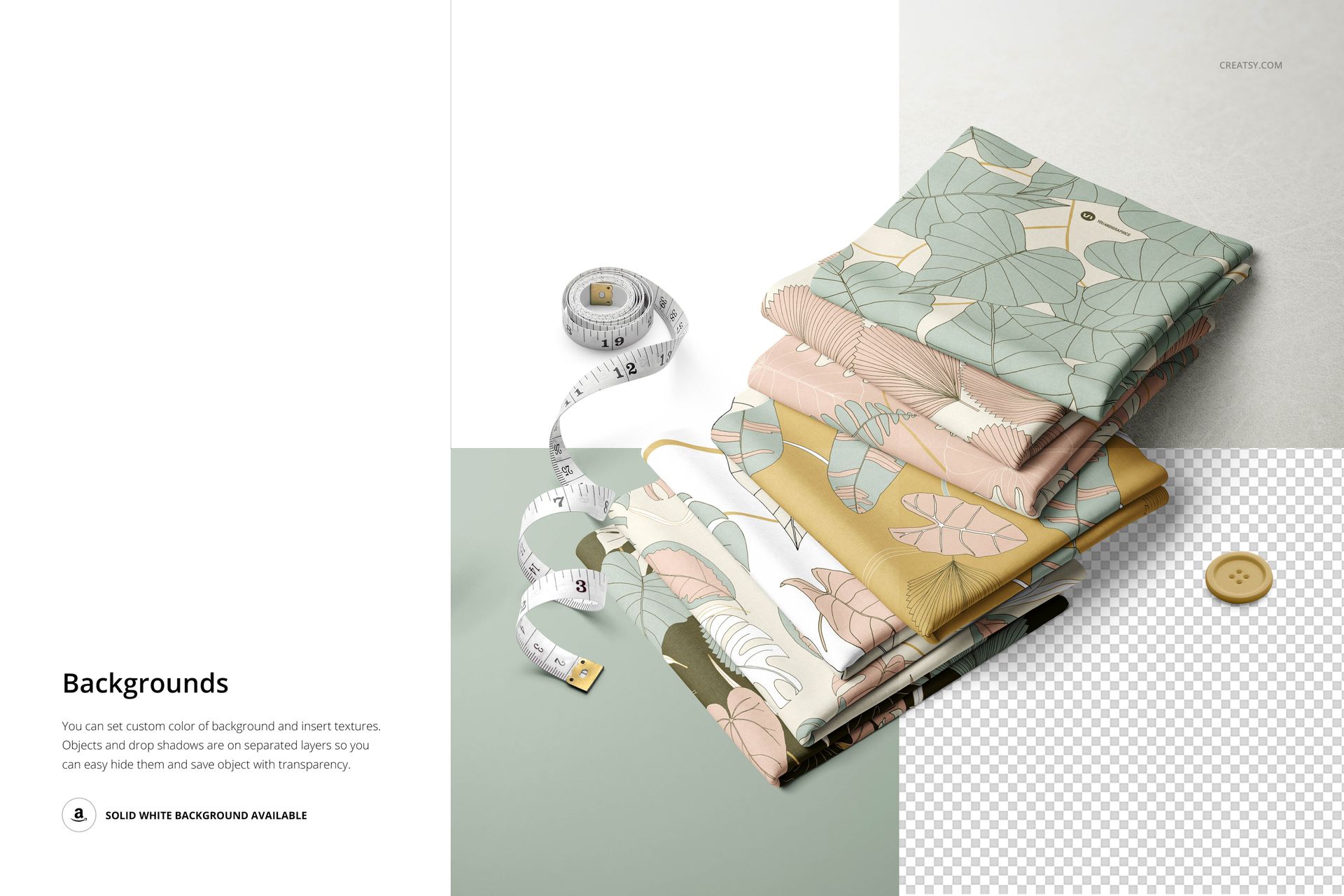 Fabric stack mockup featuring multiple folded textiles with leaf designs, tape measure and button on a light background.
