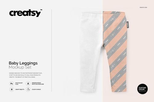 Front view of baby leggings mockup with one leg in solid white and the other in peach with gray and white stripe pattern.