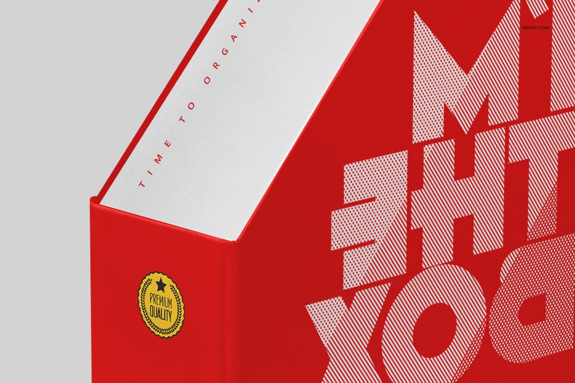 Red file holder mockup featuring large white diagonal text and a premium quality badge, shown from a close perspective.