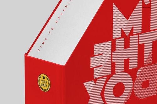 Red file holder mockup featuring large white diagonal text and a premium quality badge, shown from a close perspective.