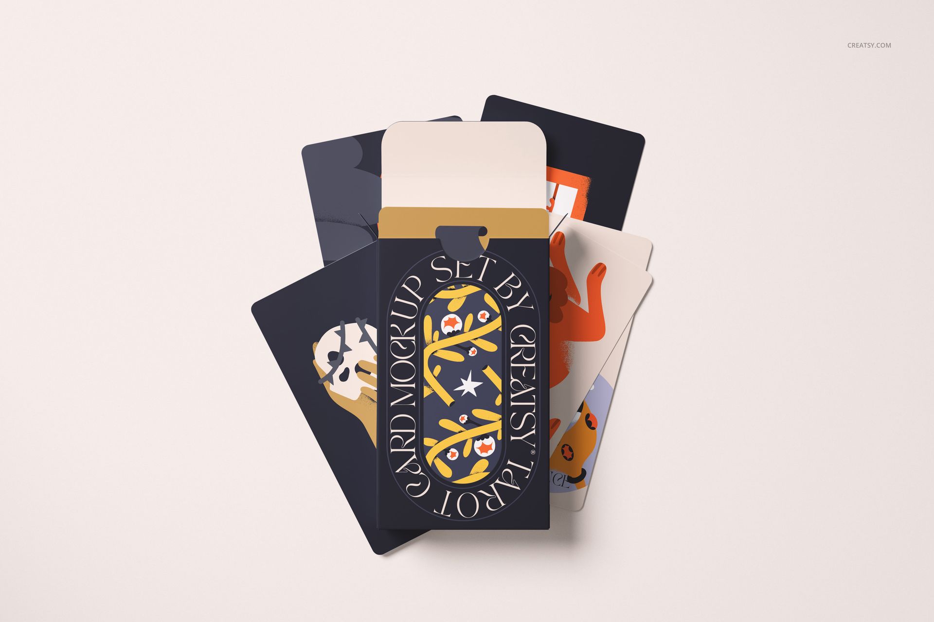 Top view of tarot cards mockup set with illustrated designs, partially inside a decorative box on a light surface.