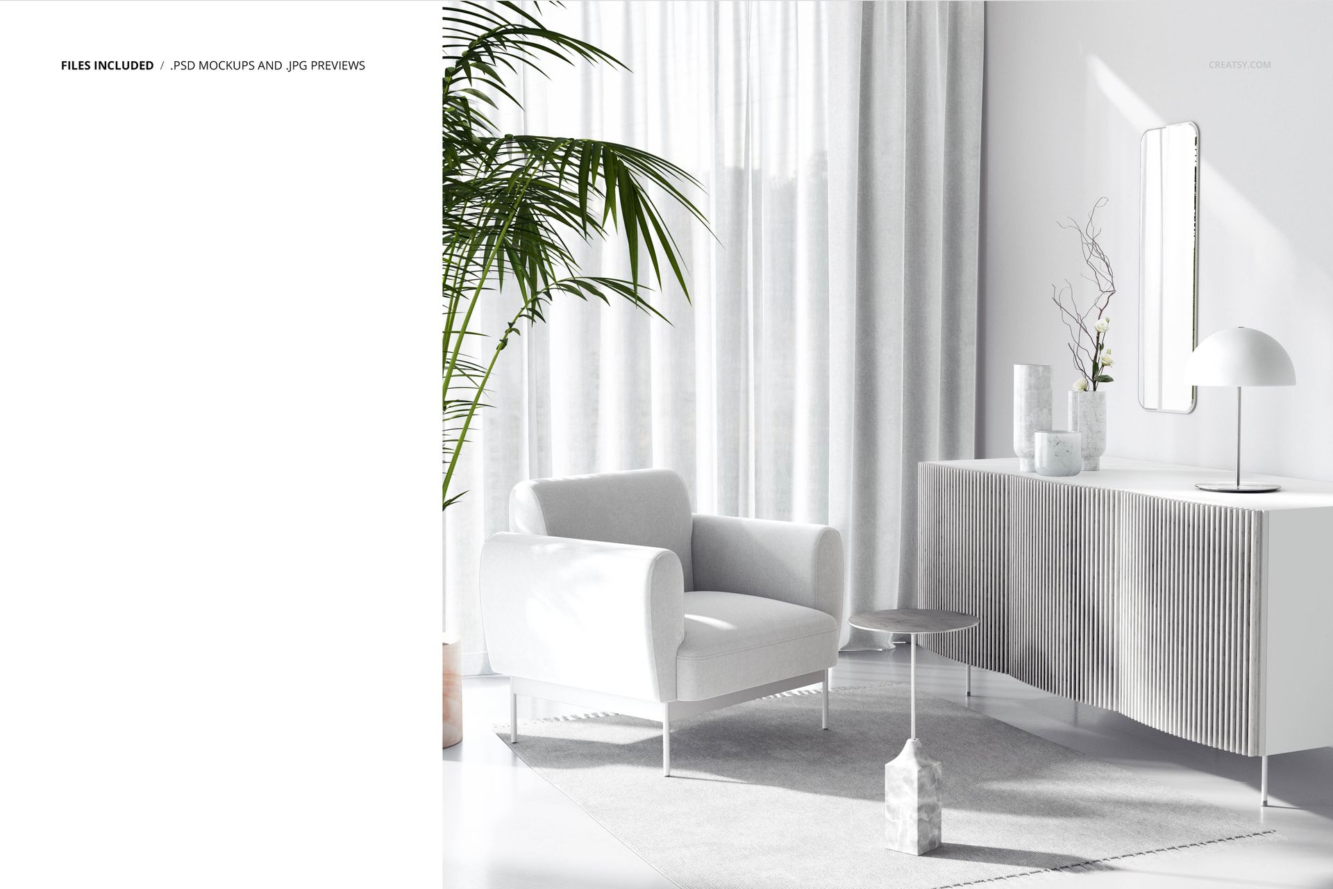 Mid-century modern interior mockup featuring a white armchair, sideboard, and minimalist decor in a bright room.