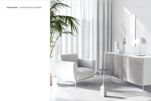 Mid-century modern interior mockup featuring a white armchair, sideboard, and minimalist decor in a bright room.