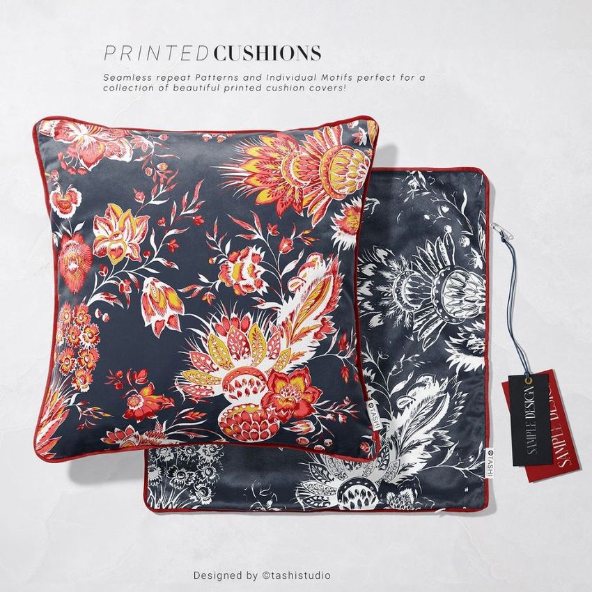 Square velvet cushion mockup with red piping, featuring a bold chintz floral pattern, shown next to a matching pouch on a light surface.
