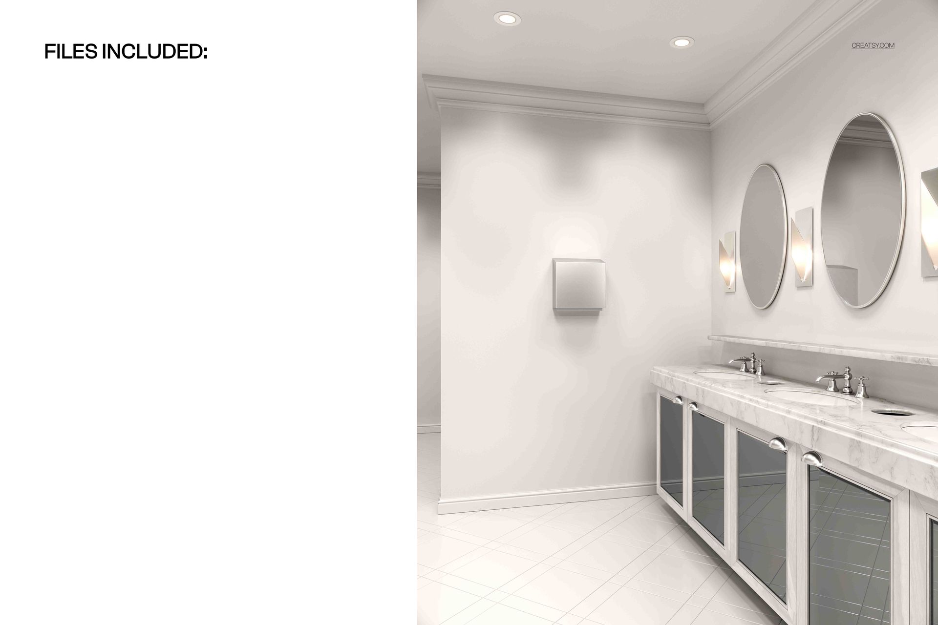 PSD mockup showing a spacious public restroom with tiled floor, wall-mounted fixtures, and soft overhead lighting.