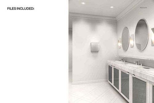 PSD mockup showing a spacious public restroom with tiled floor, wall-mounted fixtures, and soft overhead lighting.