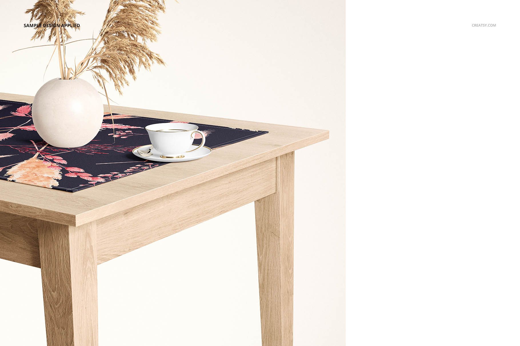 PSD mockup of a 60x120cm table runner featuring botanical designs, placed on a rectangular wooden table.
