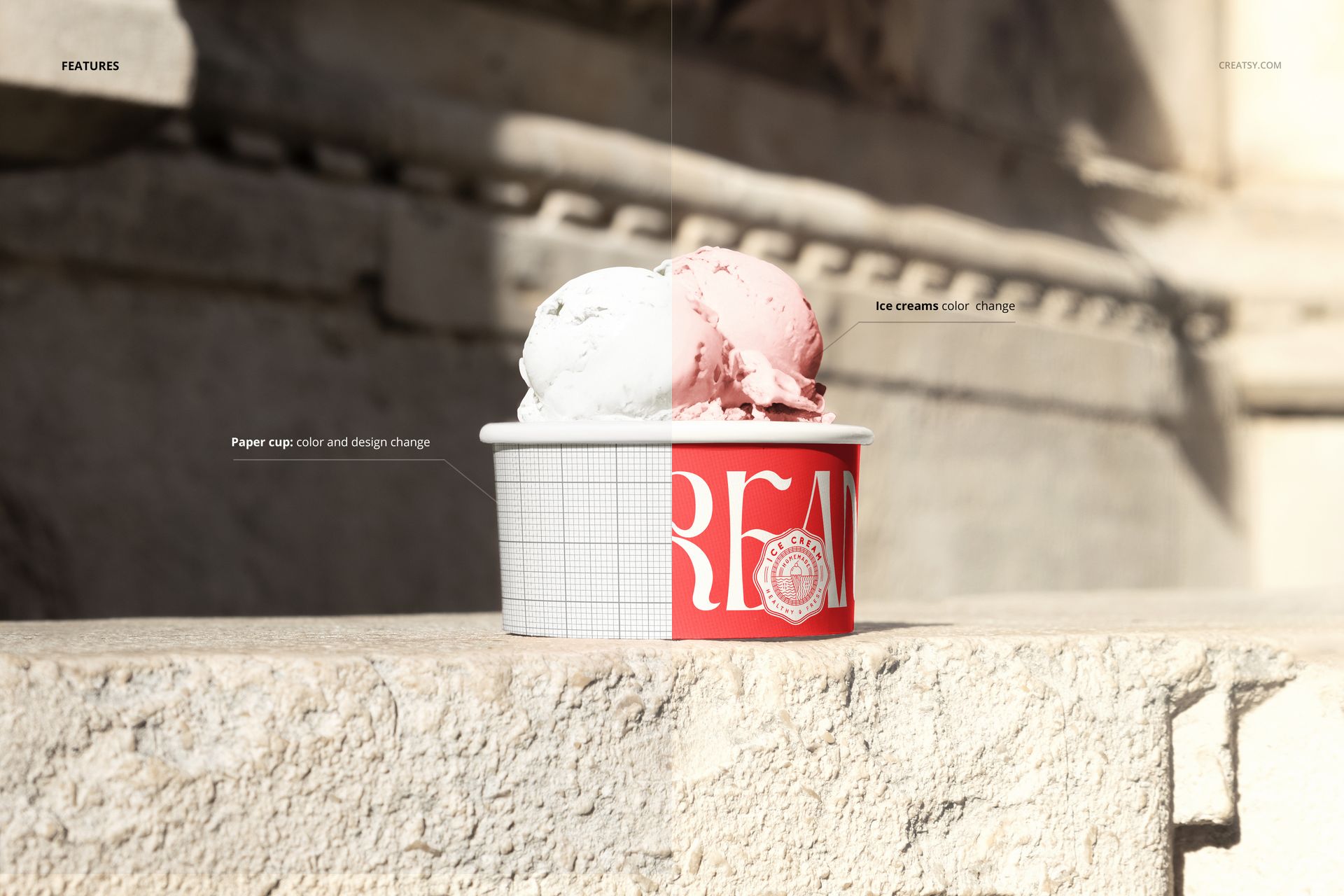Ice cream paper cup mockup featuring a round cup with grid and red design, filled with two scoops outdoors.