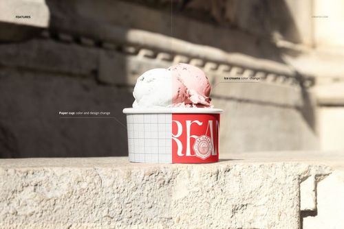 Ice cream paper cup mockup featuring a round cup with grid and red design, filled with two scoops outdoors.