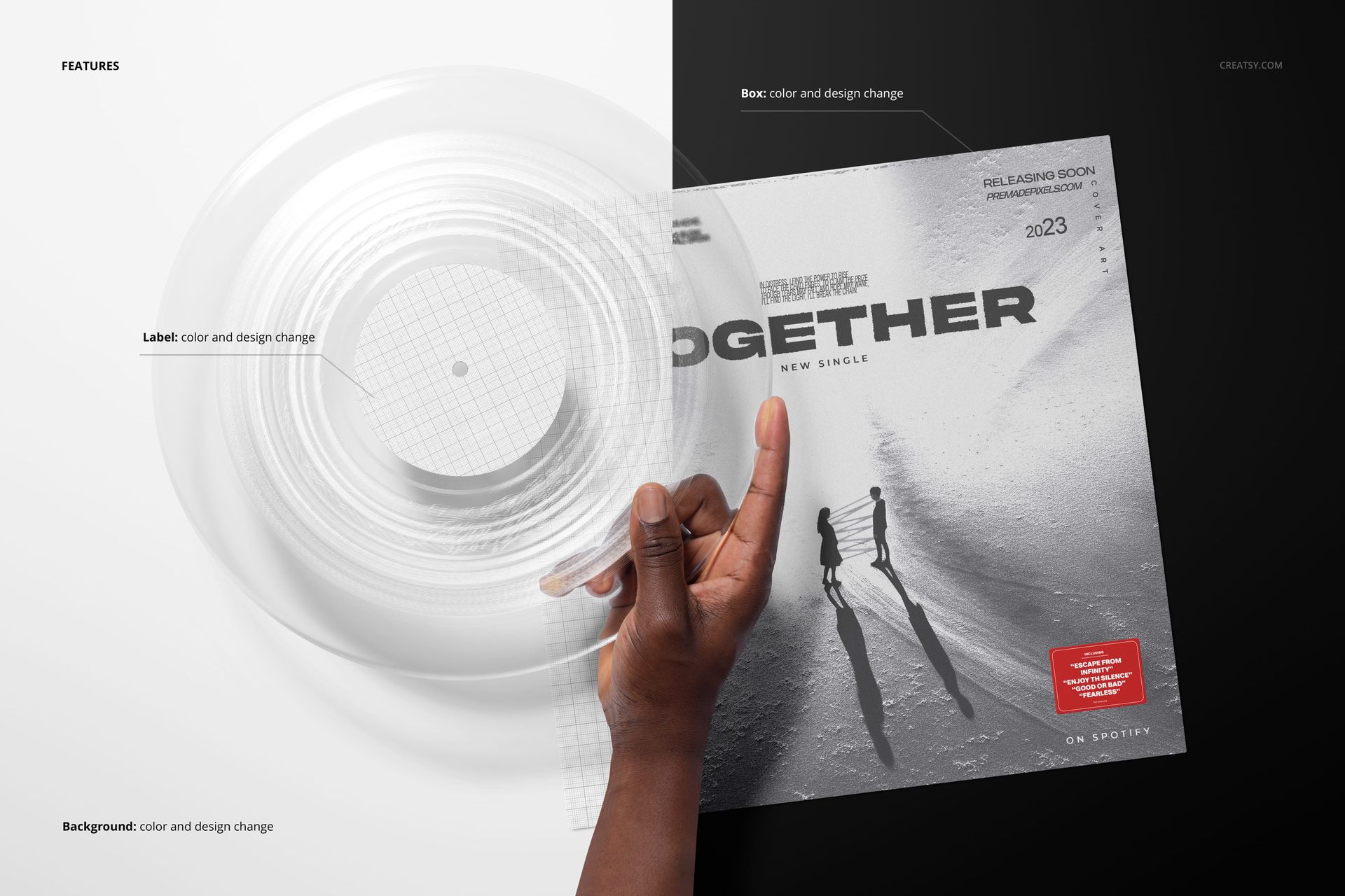 Top view of a person’s hand with a clear vinyl record and an album cover mockup on a divided black and white surface.