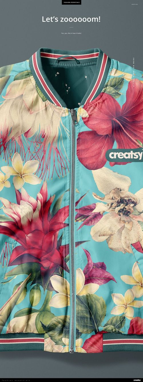 Front view of a women's bomber jacket mockup featuring large tropical flowers on a turquoise fabric with striped collar.