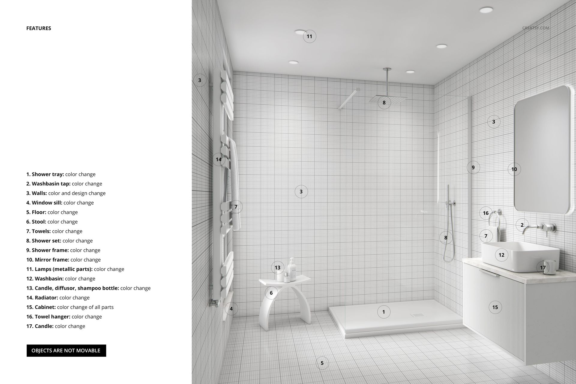 Modern bathroom mockup featuring white tiled walls, a walk-in shower, vanity with sink, and large mirror, front view.