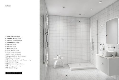 Modern bathroom mockup featuring white tiled walls, a walk-in shower, vanity with sink, and large mirror, front view.