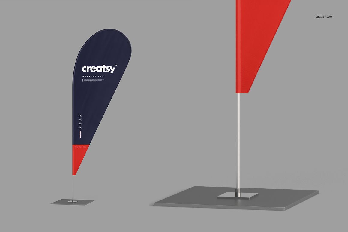 Outdoor flags mockup featuring a navy and red teardrop flag and a red triangular flag, both on metal stands.