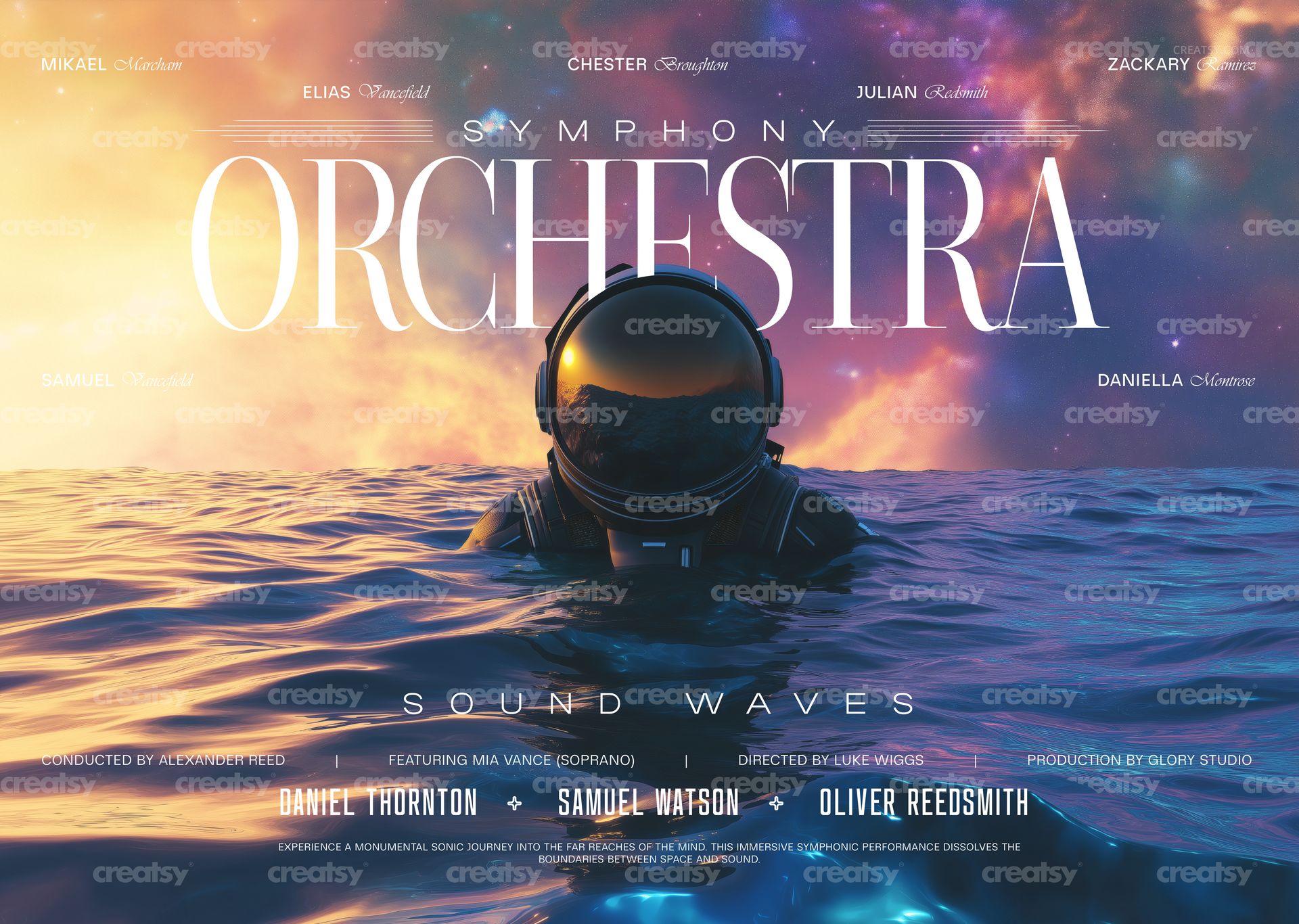 PSD mockup of a poster showing an astronaut helmet on water with a vibrant sky blending purple, orange, and blue hues.
