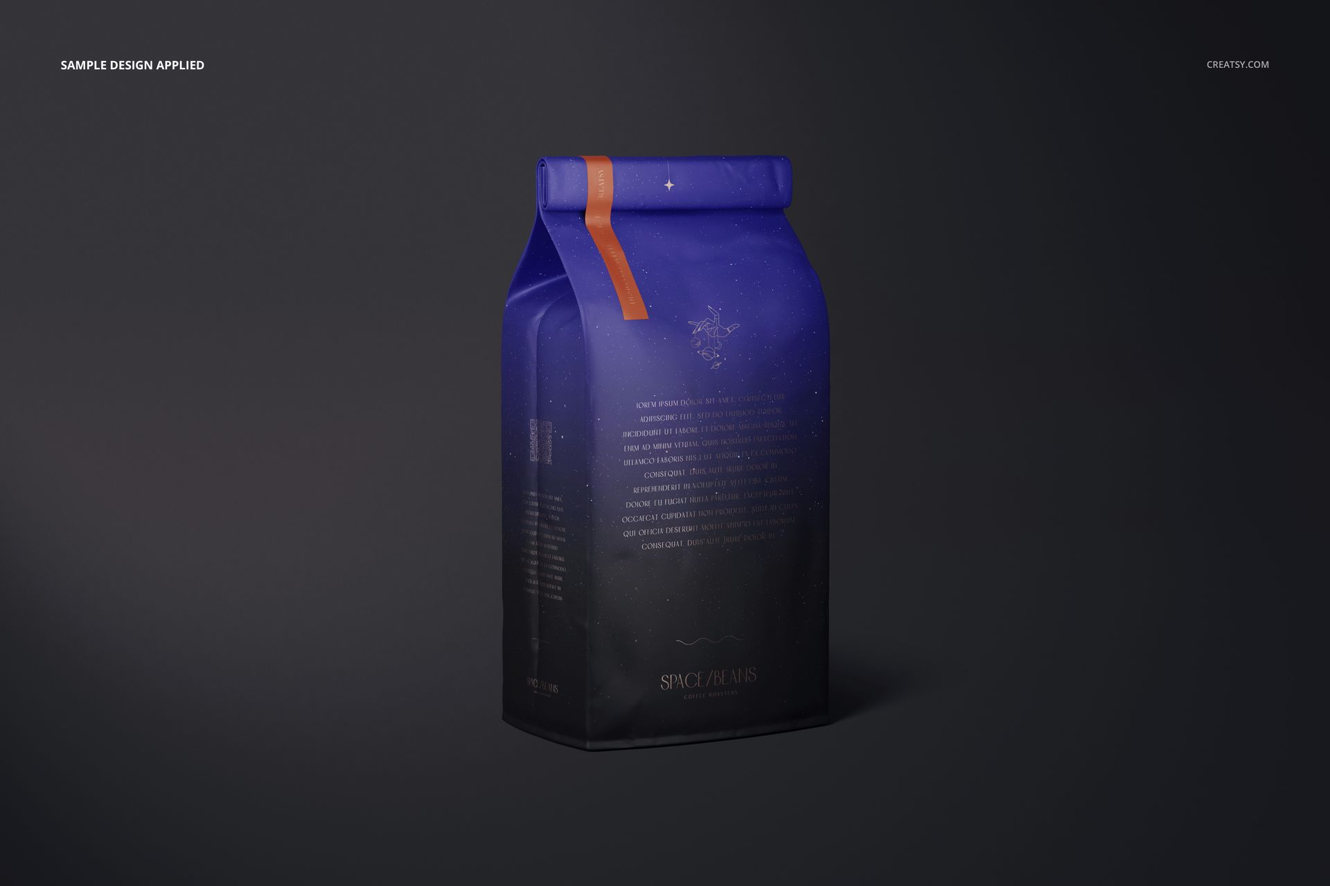 Matte finish coffee bag mockup with a rectangular shape, shown in a front angled view on a dark background.