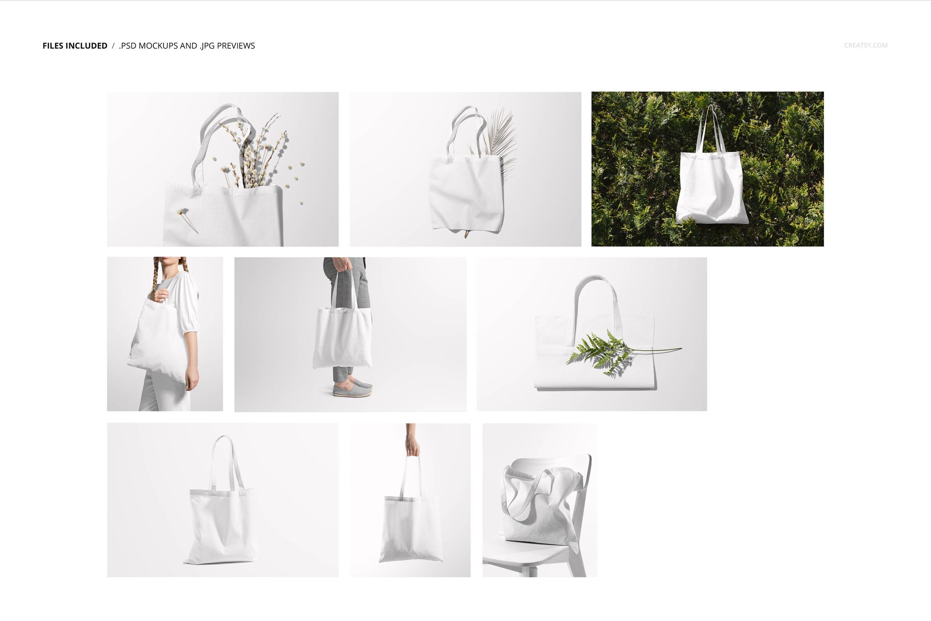 Multiple views of plain white tote bags shown in PSD mockup scenes, featuring props like plants and outdoor backgrounds.