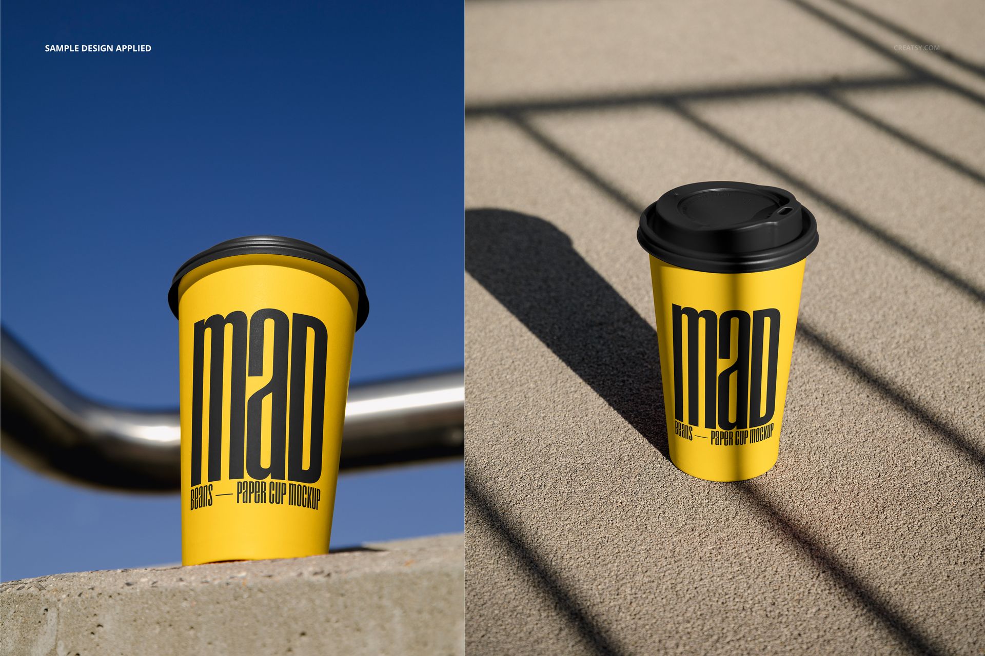 Urban edition paper cup mockup featuring a yellow cup, black lid, and large black lettering, placed on a sunlit concrete surface.