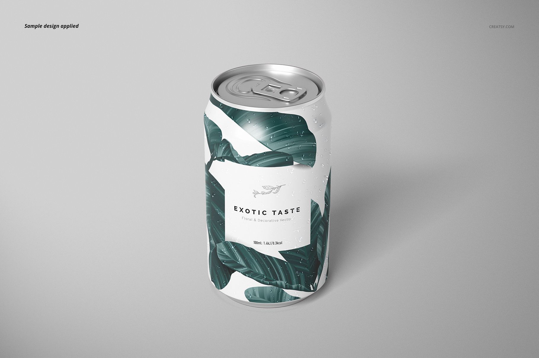 Front view of a mockup can featuring a white label with green leaves, metallic top, and subtle water droplets.