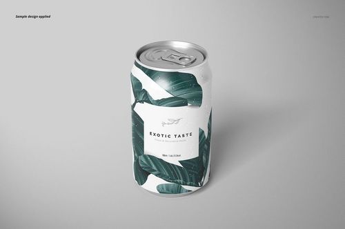 Front view of a mockup can featuring a white label with green leaves, metallic top, and subtle water droplets.