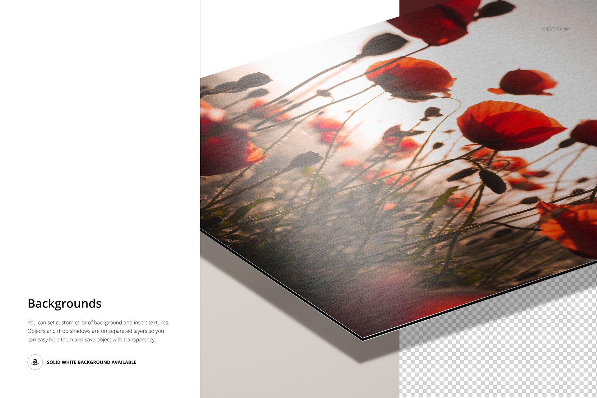 Close-up view of a Dibond aluminum print mockup featuring vibrant red poppy flowers on a brushed metal surface.