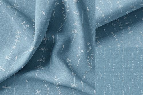Close-up of blue textile featuring white floral line design, displayed in folded and flat perspectives for mockup use.