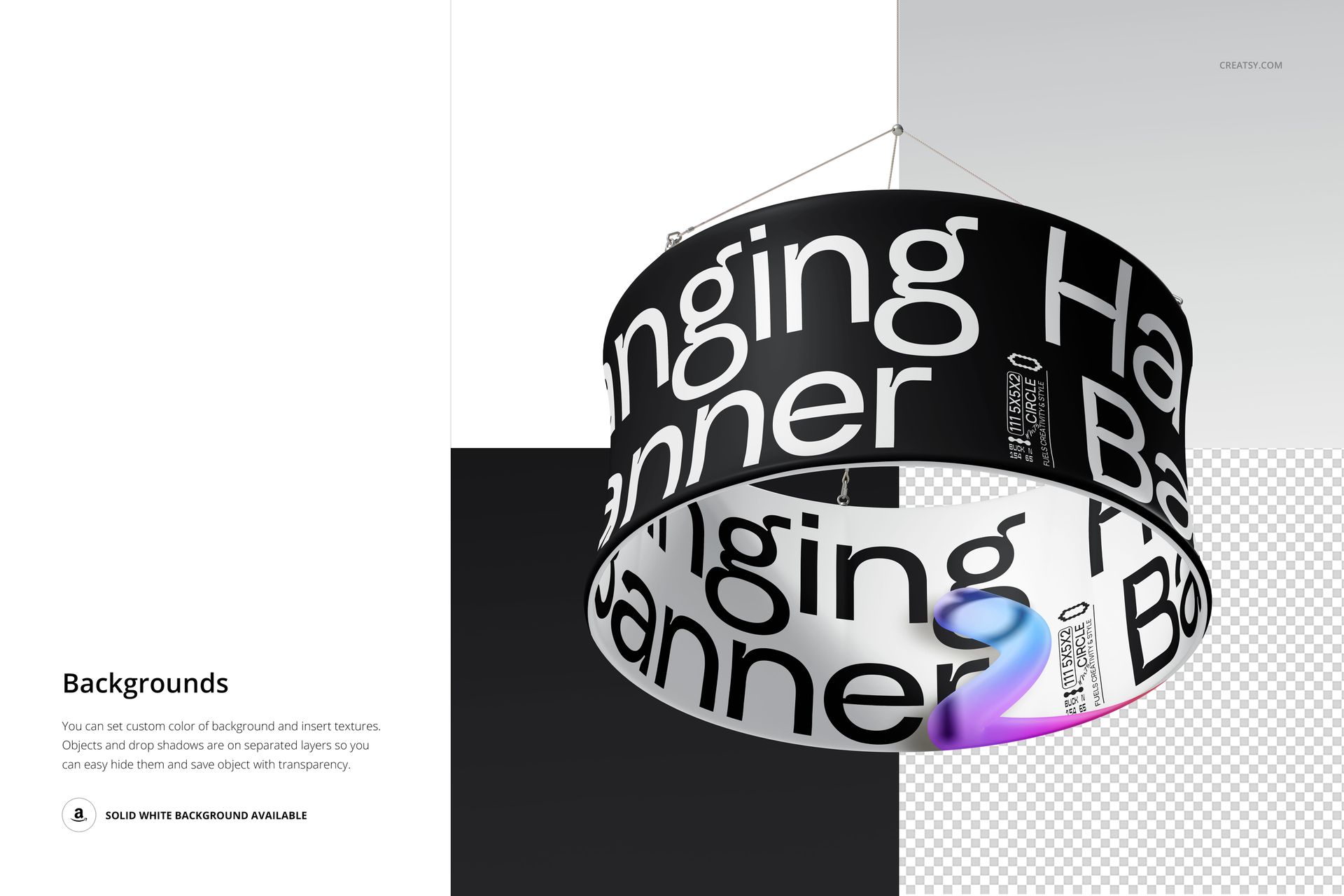 Large circular hanging display banner mockup with bold black and white text, shown from a front angled view indoors.